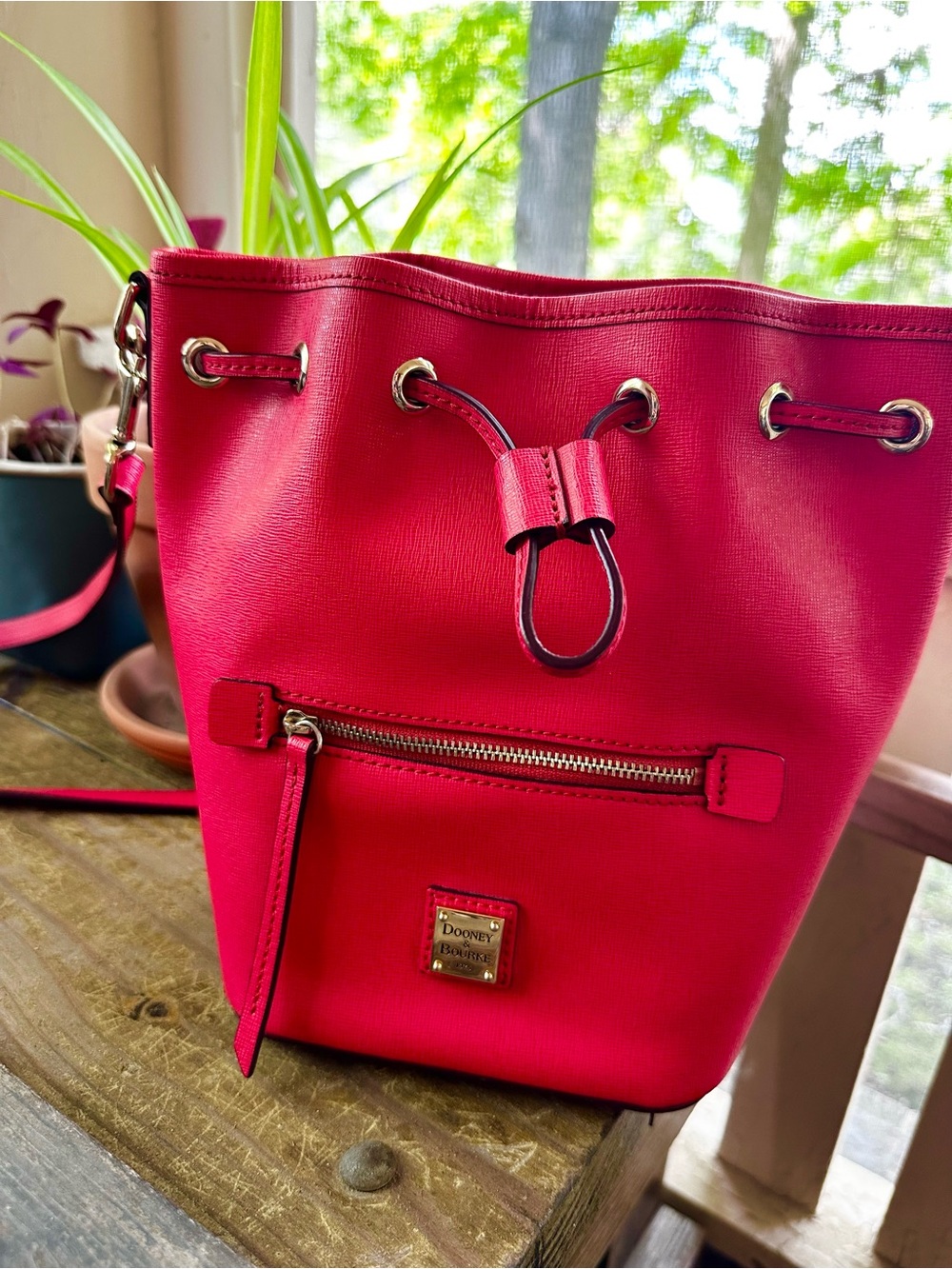 Dooney & Bourke Saffiano Leather Drawstring Bucket Bag - Red